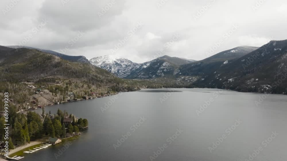 Drone of Ptarmigan Mountain from Grand Lake Colorado with a snowstorm coming over the peek over the lake Drone of Ptarmigan Mountain from Grand Lake Colorado with a snowstorm coming over the peek over the lake