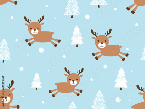 Christmas or New year seamless pattern with reindeer cartoons, snowflakes and pine tree on blue background vector illustration.