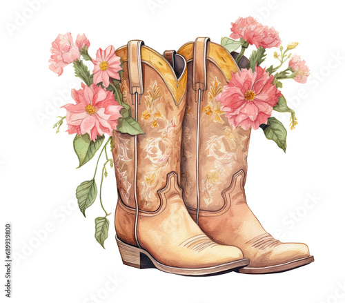 vintage cowboy boots with flowers, water colour illustration of a blush pink and gold