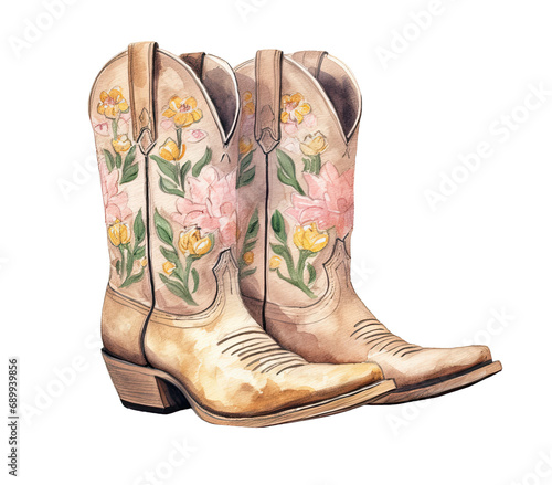 vintage cowboy boots, water colour illustration of a blush pink and gold