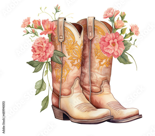 vintage cowboy boots with flowers, water colour illustration of a blush pink and gold