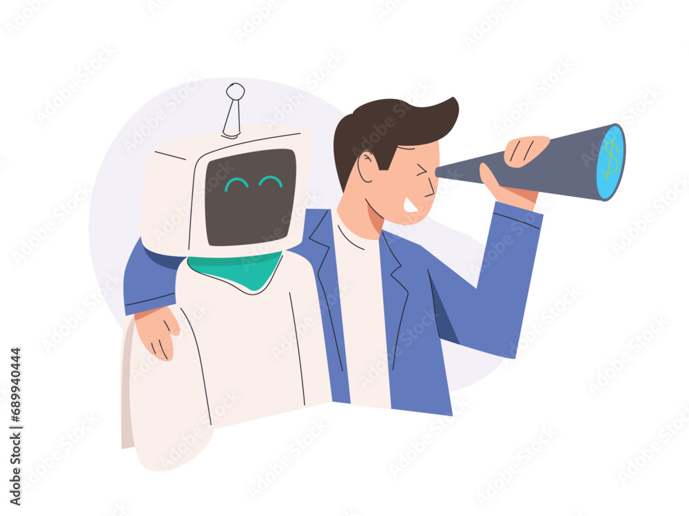 Future of AI working with humanity, businessman looking for opportunity with robot Future of AI working with humanity, businessman looking for opportunity with robot