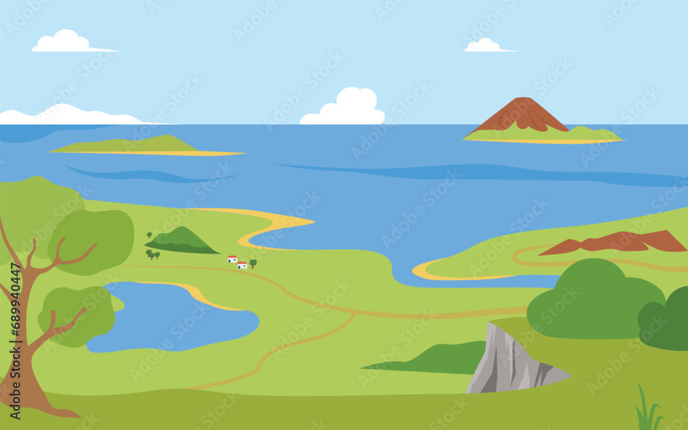 Fototapeta premium Landscape with lake, sea and mountains vector illustration