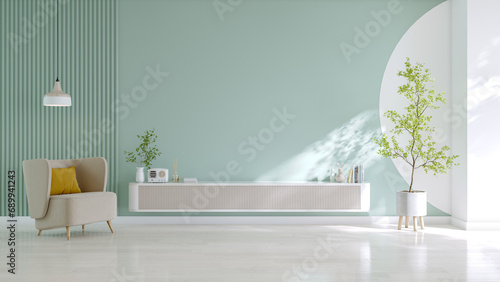 Modern minimal Mockup a TV wall mounted with armchair and white tv sideboard in living room ,Green pastel wall.3d rendering