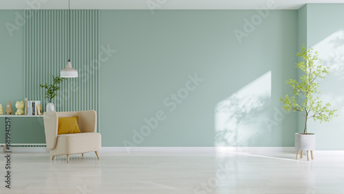 Modern minimal  living room mockup with cream sofa,with blank green pastel wall and wood floor for copy space ,3d render
