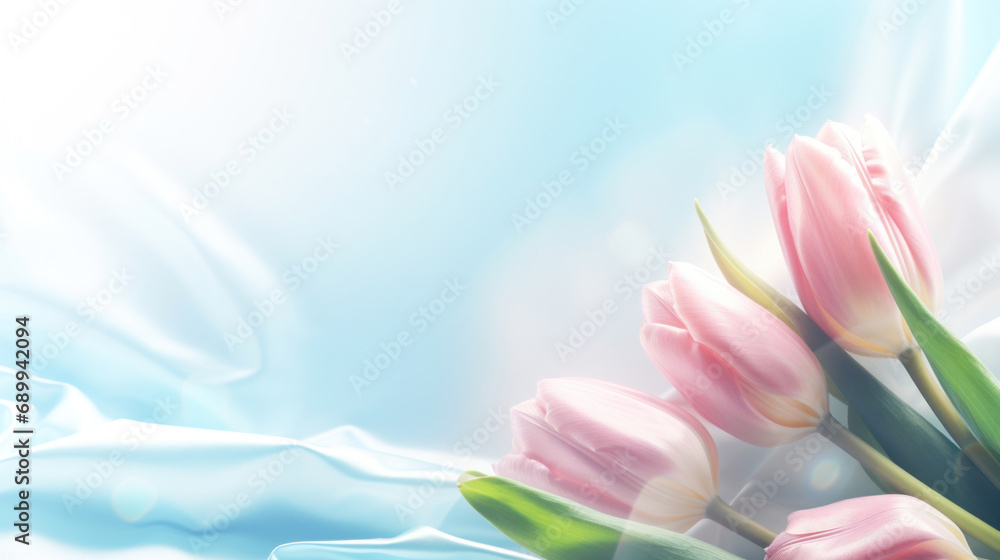 Bouquet of pink tulips on a blue background with copy space