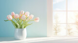 Bouquet of tulips in a vase on the windowsill.