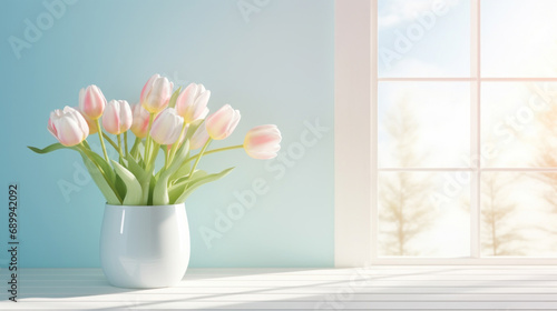Bouquet of tulips in a vase on the windowsill. #689942092
