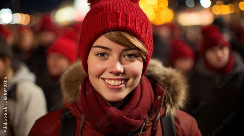 Portrait Smiling Woman Wearing Red Christmas , Background HD, Illustrations Portrait Smiling Woman Wearing Red Christmas , Background HD, Illustrations