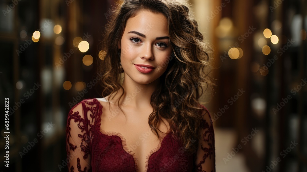 Portrait Smiling Woman Wearing Red Christmas , Background HD, Illustrations