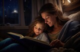 Warm Bedtime Routine: Mom and Child Share Tender Moments Reading a Tale and a Story to Beloved Daughter at Night before bedtime