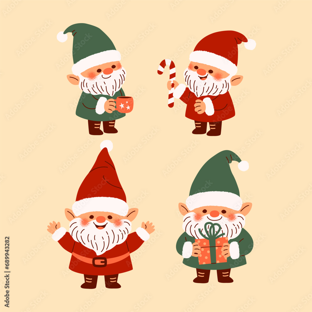 Cute cartoon Christmas santa gnome characters. Christmas vector illustration.