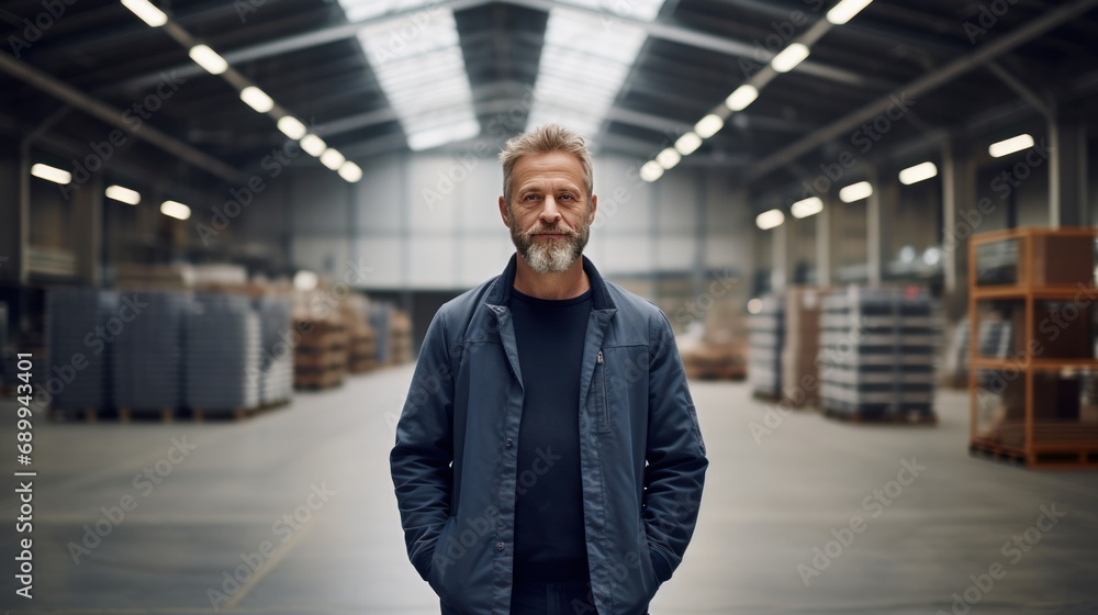 A middle-aged man stands in a warehouse ,workers in warehouse,clean and minimalist A middle-aged man stands in a warehouse ,workers in warehouse,clean and minimalist