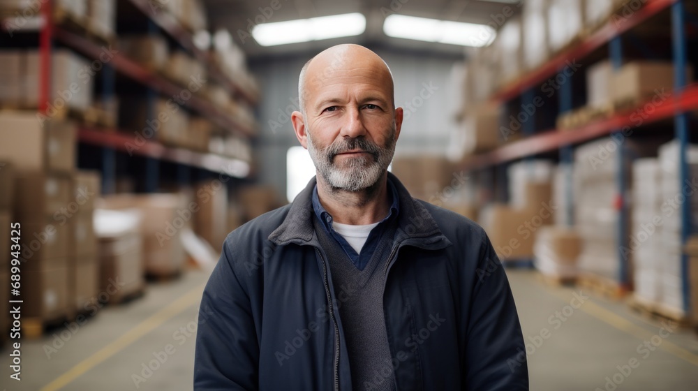 A middle-aged man stands in a warehouse,A man who is an expert in the workplace A middle-aged man stands in a warehouse,A man who is an expert in the workplace
