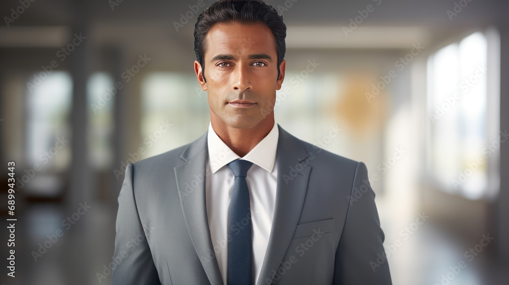 Confident Indian businessman in 40s, black hair, light suit ,clean and minimalist ,workers in warehouse