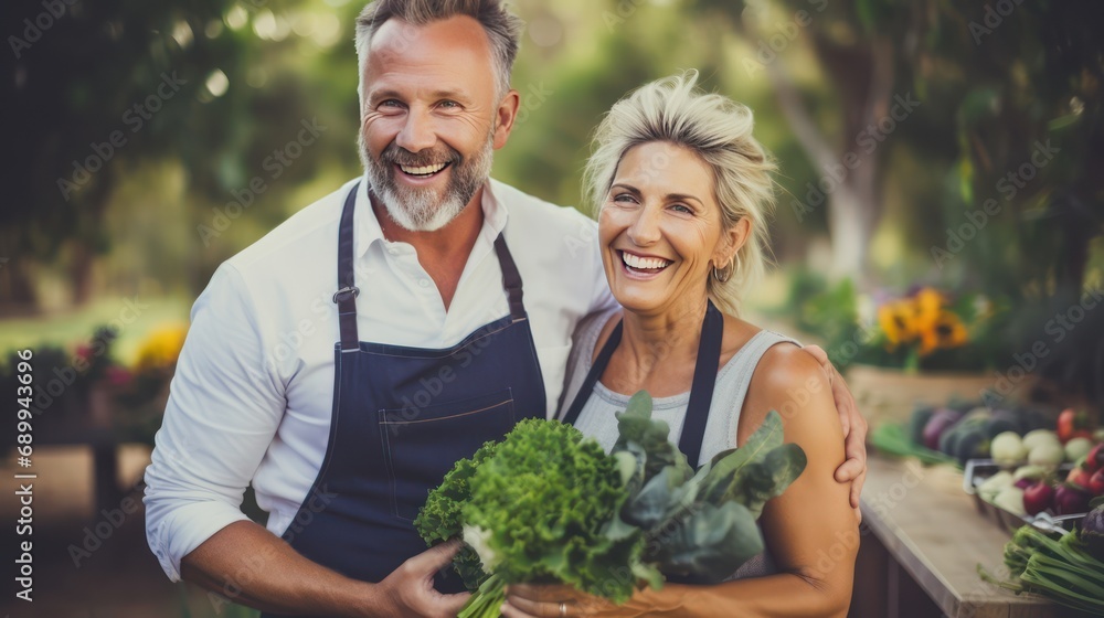 Happy middle aged Caucasian couple with their garden vegetable crop. Natural products as the basis of health at any age. They are standing in apron in greenhouse. Happy middle aged Caucasian couple with their garden vegetable crop. Natural products as the basis of health at any age. They are standing in apron in greenhouse.