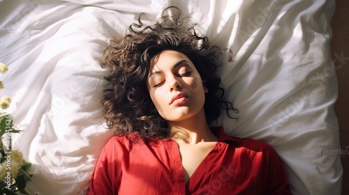 Young beautiful hispanic woman lying on bed,women and relaxation