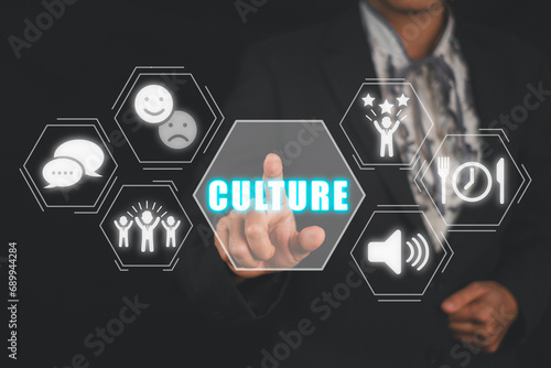 Culture concept, Business woman hand holding culture icon on virtual screen.