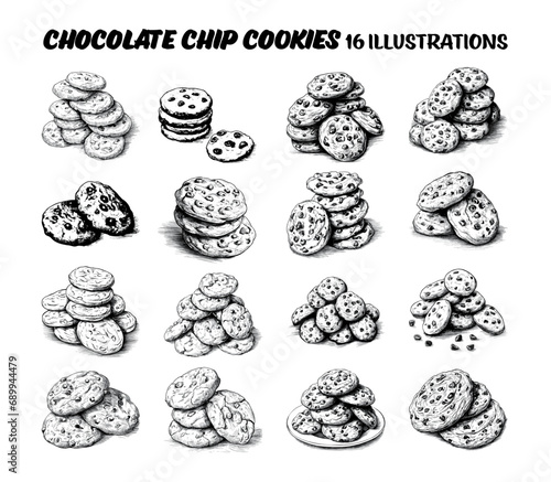 Collection of choco chip cookies. Sketch illustration