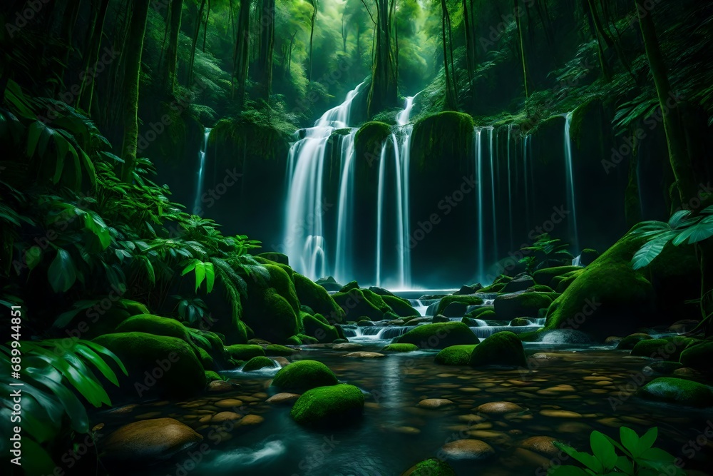 **long river of the waterfall between green mountain.dense rainforest with lush green foliage still life--