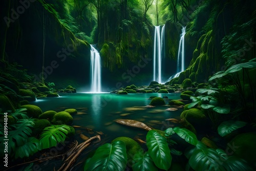long river of the waterfall between green mountain.dense rainforest with lush green foliage still life--
