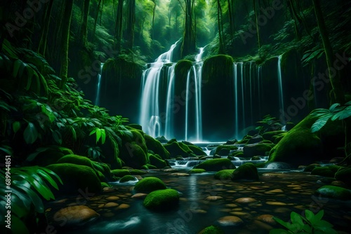   long river of the waterfall between green mountain.dense rainforest with lush green foliage still life--