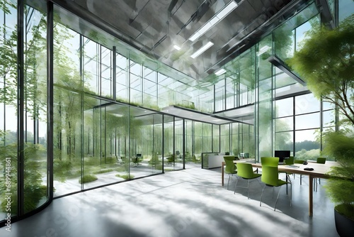 eco-friendly glass office featuring sustainable building with green environment and trees-