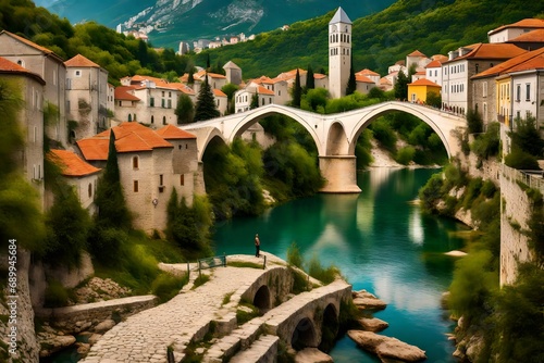 old town of moster with famous old bridge (stari most) bosnia and herzegovina- photo
