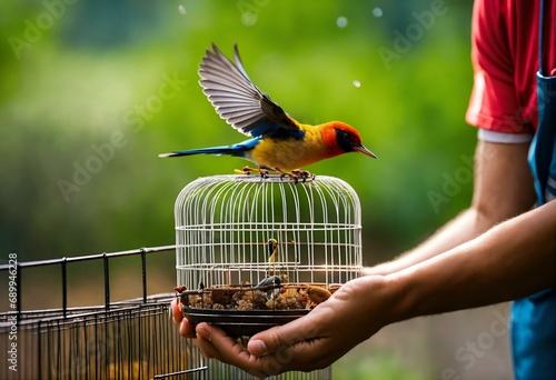 bird in cage Arara azul pousa em uma cerca de metal no Parque das Aves de Foz do Iguaçu. Pássaro tipicamente brasileiro. Cores azul e amarelo.
By Franciele photo