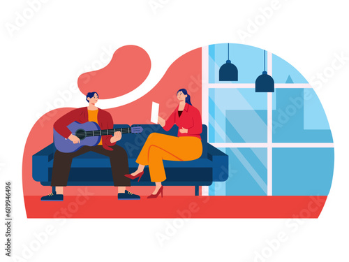 The songwriter is composing a song. Music studio Illustration.