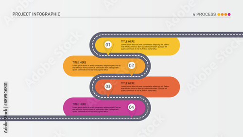 Road way infographic circle of 4 steps and business icons for finance process steps.
