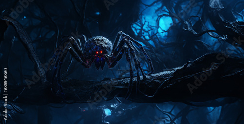 Halloween spider on the wall, shadowy spider close view dark blue color palette photo