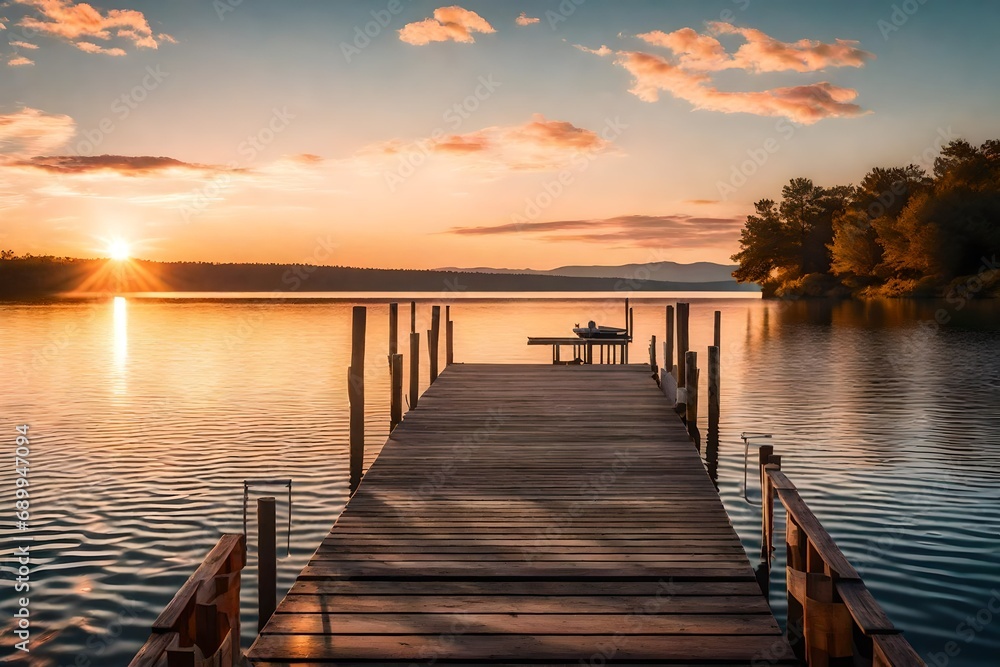 *A straight flat simplistic rectangular lake dock, beautiful sunrise, toggy, clam water. nature relax wallpaper--