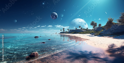 moon and sea, smooth professional beach with several moons