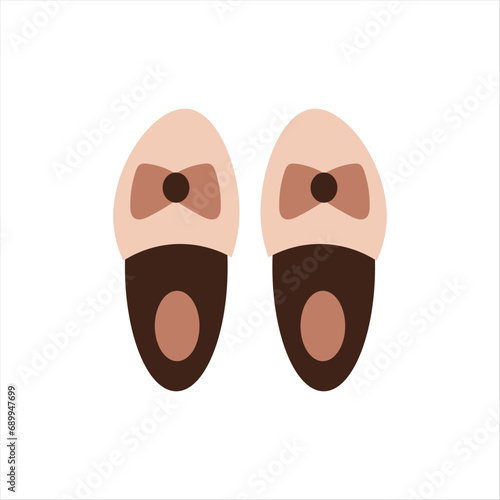 Pair of slippers vector illustration. Elegant beige and brown home footwear with bow in cartoon flat style