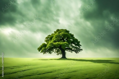 *lonely green oak tree in the field-