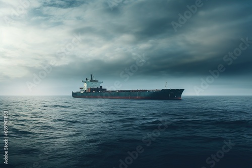 Cargo ship carrying containers in the middle of the ocean and big waves. Big container cargo ship overcomes the big waves and sails to the port in the background of sea and beautiful sky.