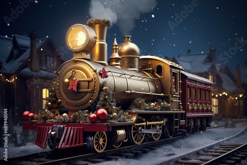 Fairy locomotive in holiday postcard style. Merry christmas and happy new year concept. Whimsical train in festive postcard style. Celebrating Christmas and New Year.