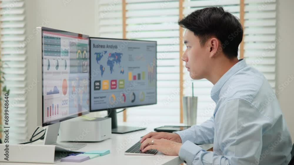 Asia people expert man tech talent working on project predict sales insight SEO graph chart AI smart plan visual big data science report center BI smart tools screen. Office worker asian analyst job. Asia people expert man tech talent working on project predict sales insight SEO graph chart AI smart plan visual big data science report center BI smart tools screen. Office worker asian analyst job.