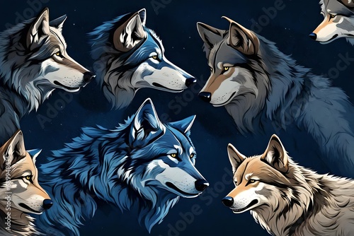 wolf in different perspective on dark blue background-