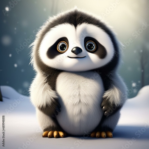 furry character  part sloth  part panda and part penguin  big eyes  cute  mascot