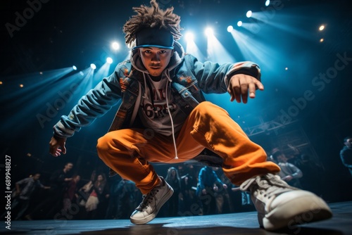 Young hip-hop dancer's solo performance filled with emotion and energy, Generative AI
