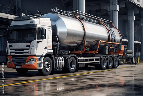 Transportation truck dangerous chemical truck tank stainless is parked in the factory. Copy space for text. photo