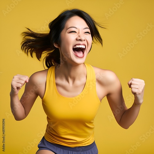 Asian woman's profile, yellow background as she revolutionizes her fighting and pledges her passion: Sporty, passion, exercise