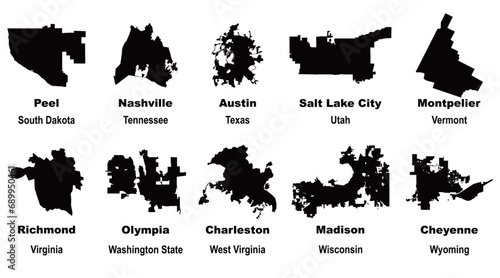 Layered editable vector illustration of map outlines of ten US state capital cities
