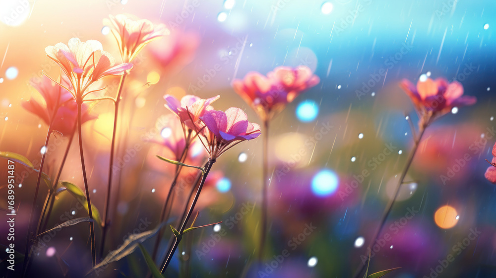 Fototapeta premium Flowers in the meadow with sunlight and bokeh.