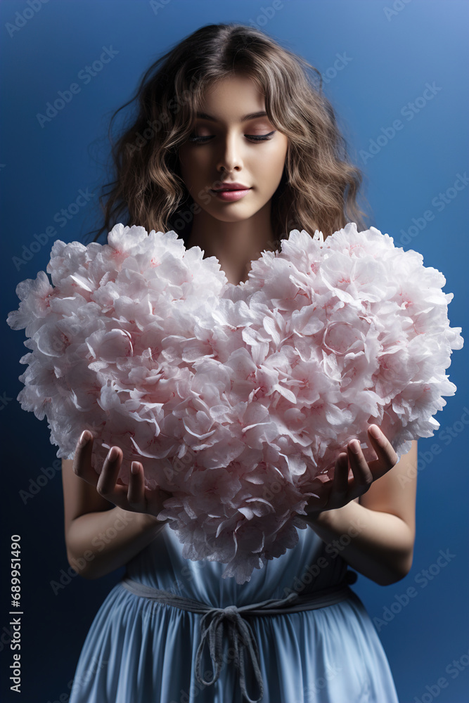 A woman holding a large heart made of pink flowers on blue background. Love concept. A woman holding a large heart made of pink flowers on blue background. Love concept.