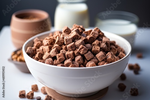 Cereal with very small squares of chocolate in a white bowl.