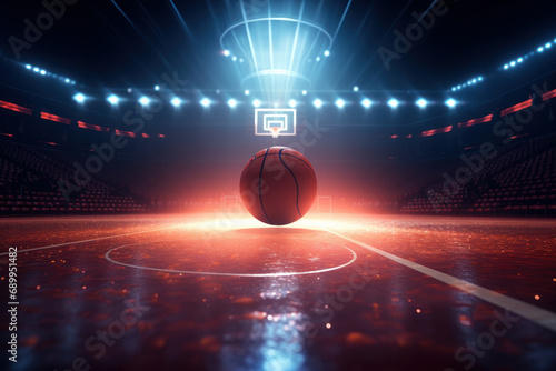 Sports fervor Burning basketball, orange and blue lights. AI Generative marvel captures the thrilling competition and energy of this vibrant play.