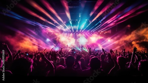 silhouette of concert crowd in front of bright stage lights. Dark background, smoke, concert spotlights